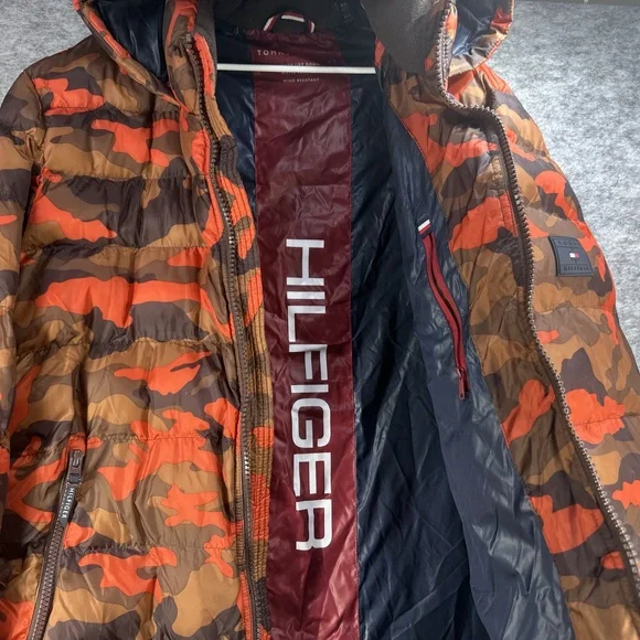 Tommy Hilfiger Mens XXL Orange Camo Hooded Puffer Parka Insulated Never worn - Picture 7 of 11